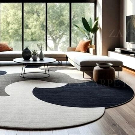 Handcrafted Round Monochrome Abstract Living Room Rug